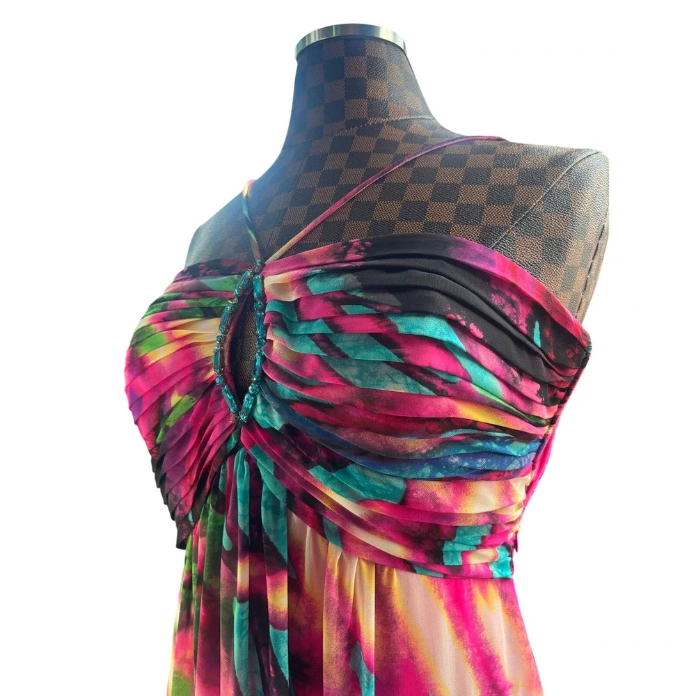 Betsy & Adam Maxi Dress Size 8 Pink Abstract Print Jeweled Empire Waist Formal